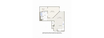 A floor plan of a small apartment with a living room, kitchen, and bathroom.