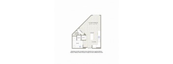 A floor plan of a house with a living/sleeping area, kitchen, bath, and entry.