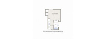 A floor plan of a room with a kitchen, bath, and living/sleeping area.