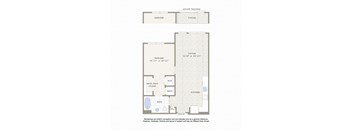 A floor plan of a Juliet balcony apartment with a living room, bedroom, kitchen, bathroom, walk-in closet, and mechanicals.