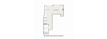 A floor plan of a house with a kitchen, living/sleeping area, bath, and closet.