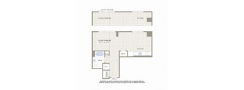 A floor plan of a Juliet balcony with a living/sleeping area, kitchen, bath, and W/D.