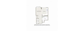 A floor plan of a Juliet balcony with a living/sleeping area, kitchen, bathroom, laundry, and a path.