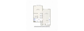 A floor plan of a balcony with a bedroom, living room, kitchen, bath, and closet.