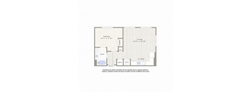 A floor plan of a room with a bed, bath, kitchen, and living room.
