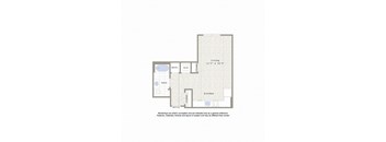 A floor plan of a living room, kitchen, and bathroom.