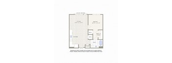 A floor plan of a Juliet balcony with a living room, kitchen, bath, bedroom, walk-in closet, and entry.