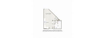 A floor plan of a room with a kitchen, bath, and bed.