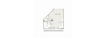 A floor plan of a room with a living area, kitchen, bathroom, and two closets.