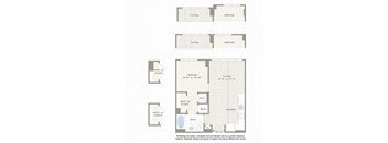 A floor plan of a house with a living room, two bedrooms, a walk-in closet, a bathroom, a kitchen, and a workspace.