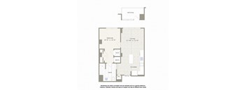 A floor plan of a living space with a bedroom, bathroom, and kitchen.