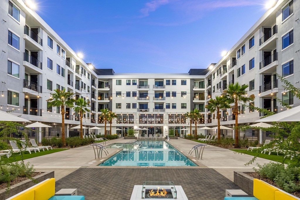 Modern apartment building with central pool at theApex @ Meadows in Las Vegas.