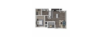 A floor plan of a small apartment with a bedroom, living room, and kitchen.