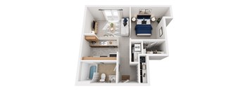 A top down view of a small apartment with a bedroom, living room, and bathroom.