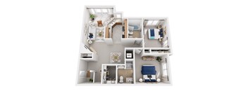 A white floor plan of a house with a kitchen, living room, dining room, and bathrooms.