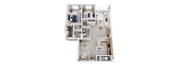 A top-down view of a small apartment layout with a kitchen, living room, and bedrooms.