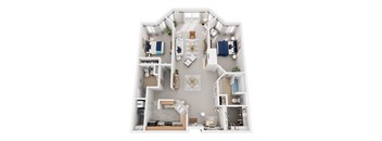 A top-down view of a small apartment layout with a kitchen, living room, and bedrooms.
