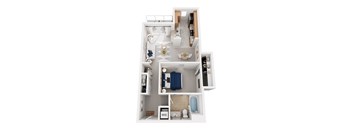 A top down view of a small apartment with a kitchen, living room, and bathroom.