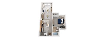 A top-down view of a small, neatly organized apartment with a kitchen, living room, and bathroom.