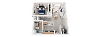 A top-down view of a small apartment with a bed, a kitchen, and a living area.
