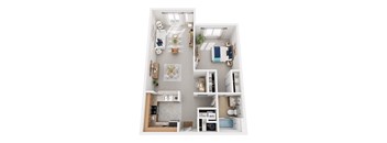 A top-down view of a small apartment with a kitchen, living room, and bedroom.