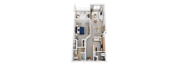 A white and wood themed apartment with a kitchen, living room, and bathroom.
