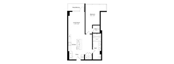 A floor plan of a small apartment with a living room, bedroom, kitchen, and bathroom.