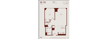 A floor plan for a 1 bedroom/1 bath apartment at 9J-11J.