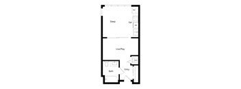 A floor plan of a room with a sleeping area, a live/play area, a bathroom, and an entry way.