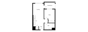 A floor plan of a house with a living room, dining room, kitchen, bedroom, bathroom, and balcony.