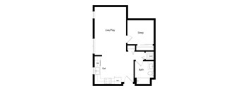 A floor plan of a house with a sleeping area, a bathroom, and a living/play area.