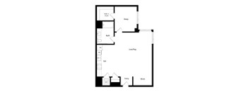 A floor plan of a house with a sleeping area, a living area, a bathroom, a kitchen, an entryway, and a work area.