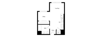 A floor plan of a house with a sleeping area, a living/play area, a bathroom, and an entry way.