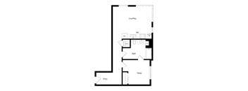 A floor plan of a room with a living area, kitchen, bathroom, and bedroom.