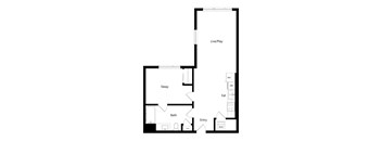 A floor plan of a house with a sleeping area, bathroom, eat-in area and a live/play area.