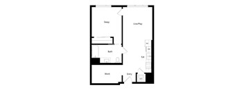 A floor plan of a small apartment with a sleeping area, a work area, a bathroom, a live/play area, and an entry way.