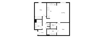 A floor plan of a house with a sleeping area, a living/play area, a bathroom, and an entry point.