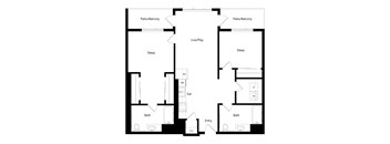 A floor plan of a house with two bedrooms, a bathroom, a living room, a dining room, and a kitchen.