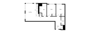 A floor plan of a house with a living room, two bedrooms, a bathroom, and a powder room.