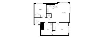 A floor plan of a house with a sleeping area, a living/play area, a bathroom, and an entry point.