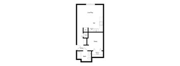 A floor plan of a house with a living room, kitchen, bathroom, and bedroom.