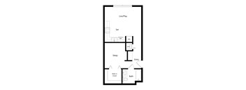 A floor plan of a house with a living room, dining room, kitchen, bedroom, bathroom, and walk-in closet.