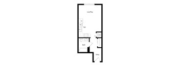 A floor plan of a small apartment with a living room, bathroom, and kitchen.
