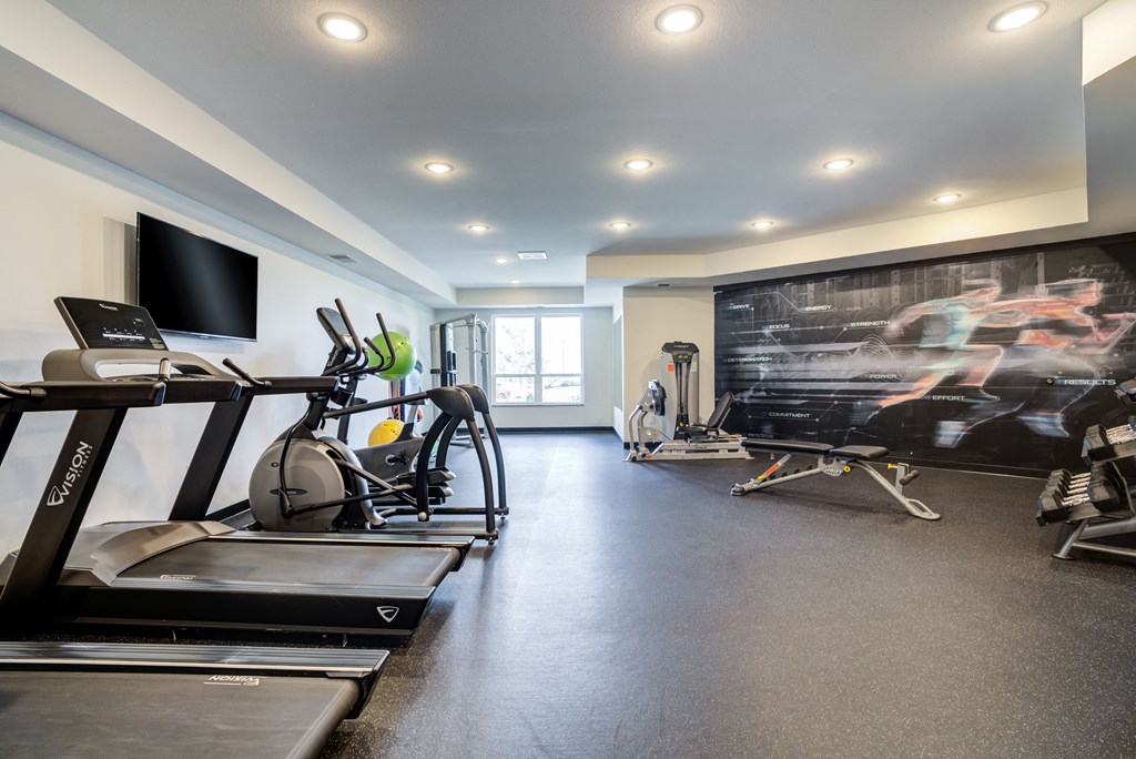 a gym with treadmills and weights and a tv on the wall