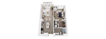 a 1 bedroom floorplan with a bathroom and a living room