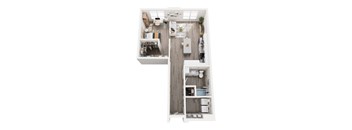 a floor plan of a studio apartment with a bedroom and kitchen