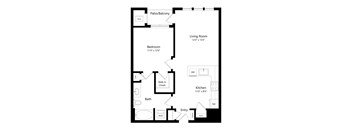 A floor plan of a small apartment with a living room, kitchen, bathroom and bedroom.
