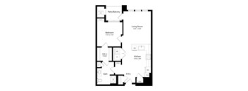 A floor plan of a small apartment with a living room, bedroom, kitchen, and bathroom.