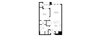 A floor plan of a small apartment with a bedroom, living room, kitchen, and bathroom.