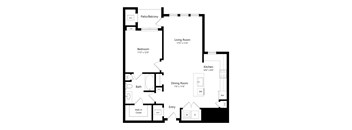 A floor plan of a home with a living room, dining room, kitchen, and bath.